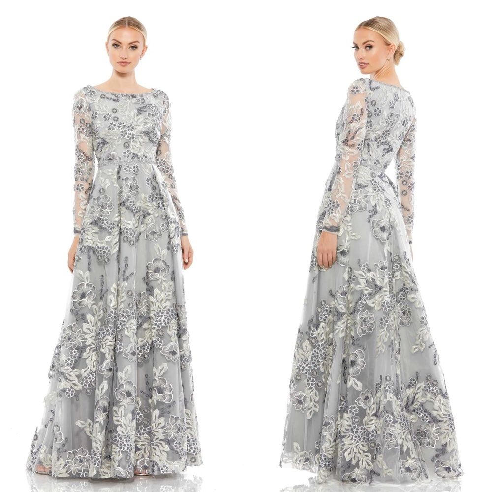 NWT Mac Duggal 11185 Floral Embellished Long Sleeve Illusion Gown